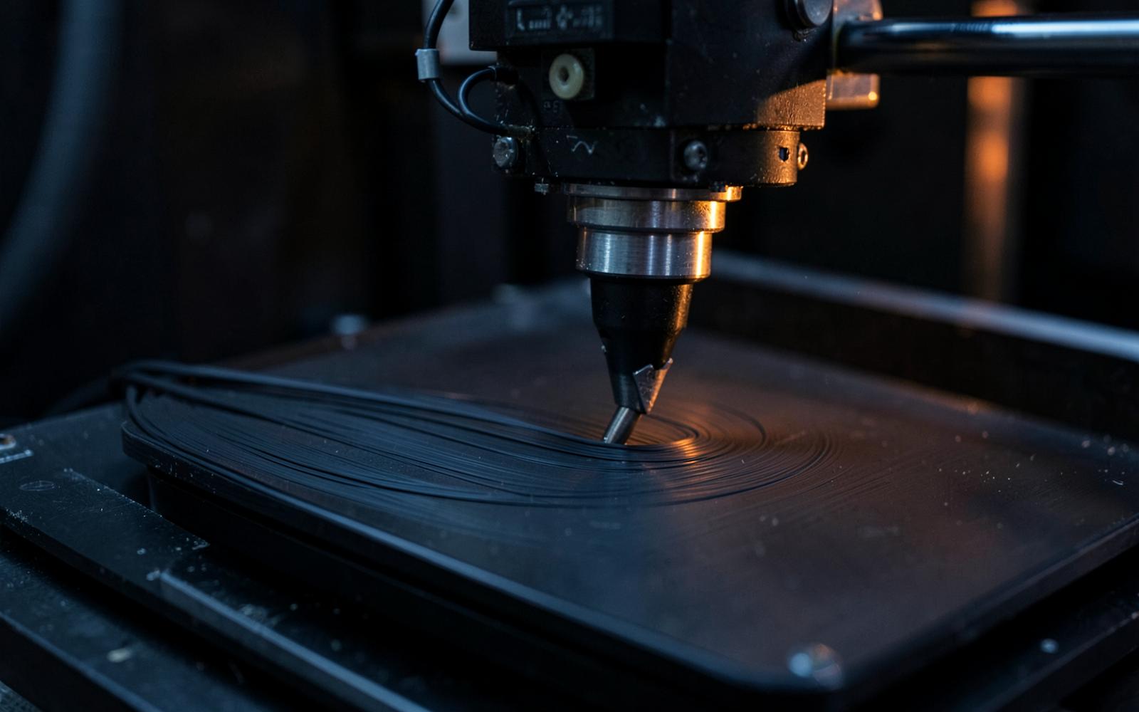 3D-tulostimen suutin tulostaa mattamustaa muovia tulostusalustalle